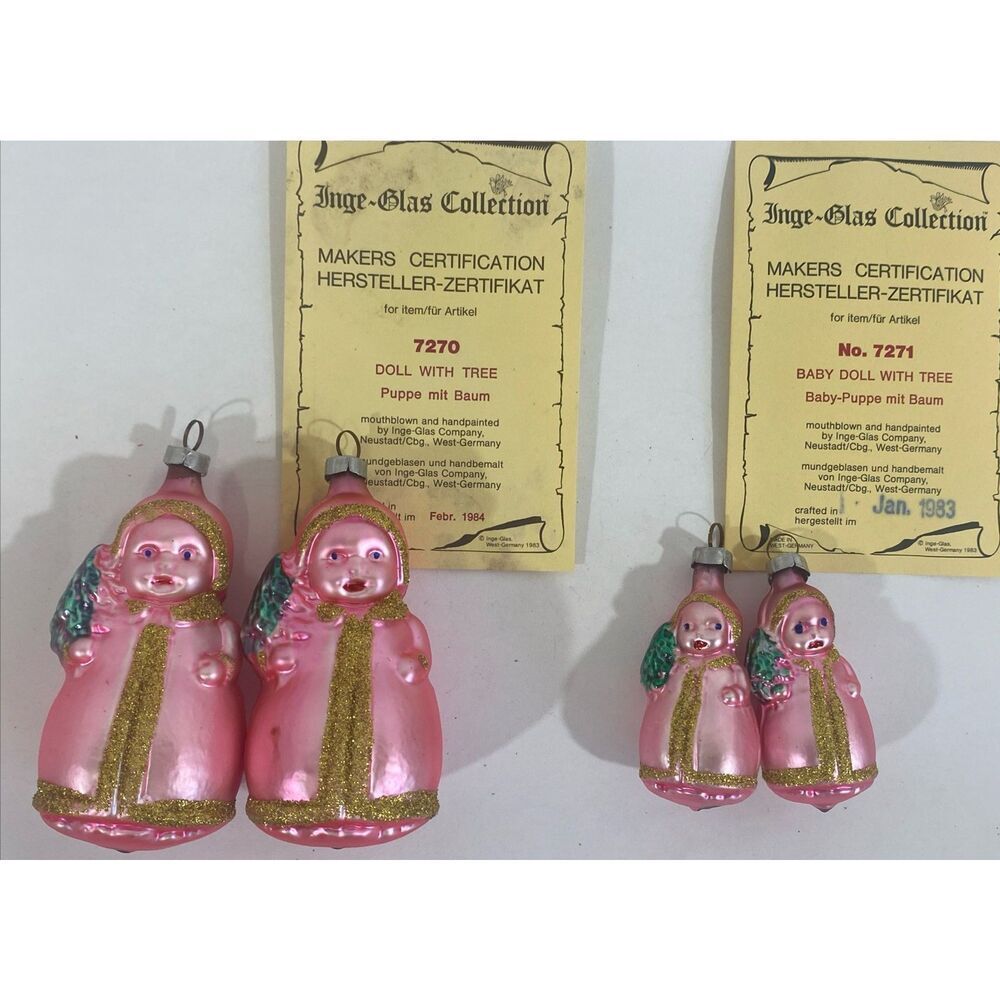 Lot of‎ 4 Inge-Glas Ornaments "Baby Doll w/Tree" Pink Glass West Germany 7270